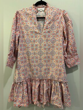 Olivia James The Label Printed V-Neck Ruffle Collar Ruffle Hem Dress Blue Red S